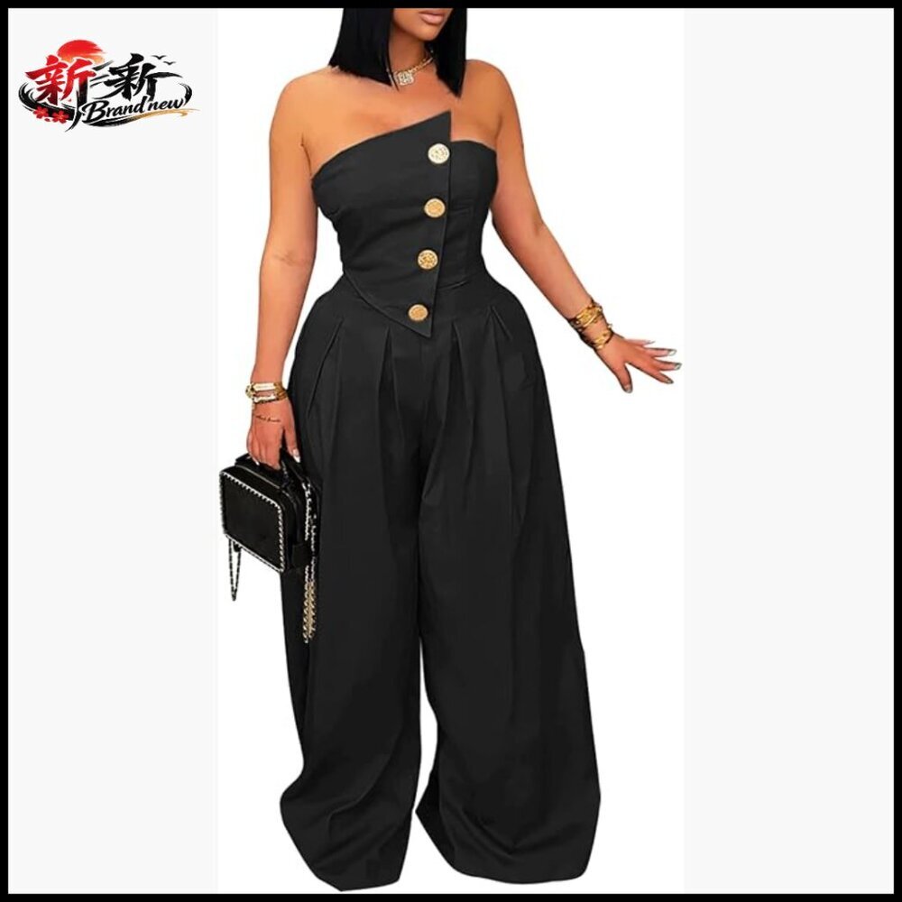 Strapless Tube Top Wide Leg Jumpsuit with Front Buttons